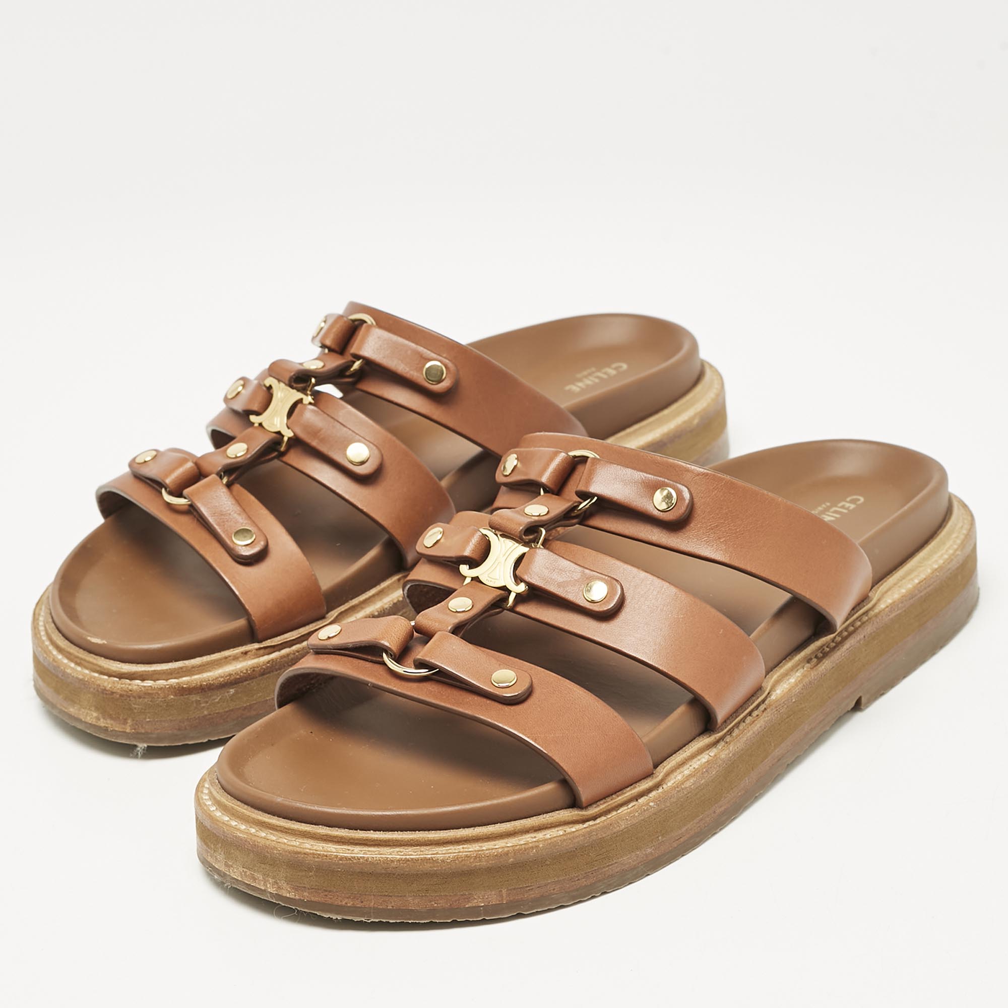Celine Brown Leather Studded Tippi Slide Sandals Size 39 