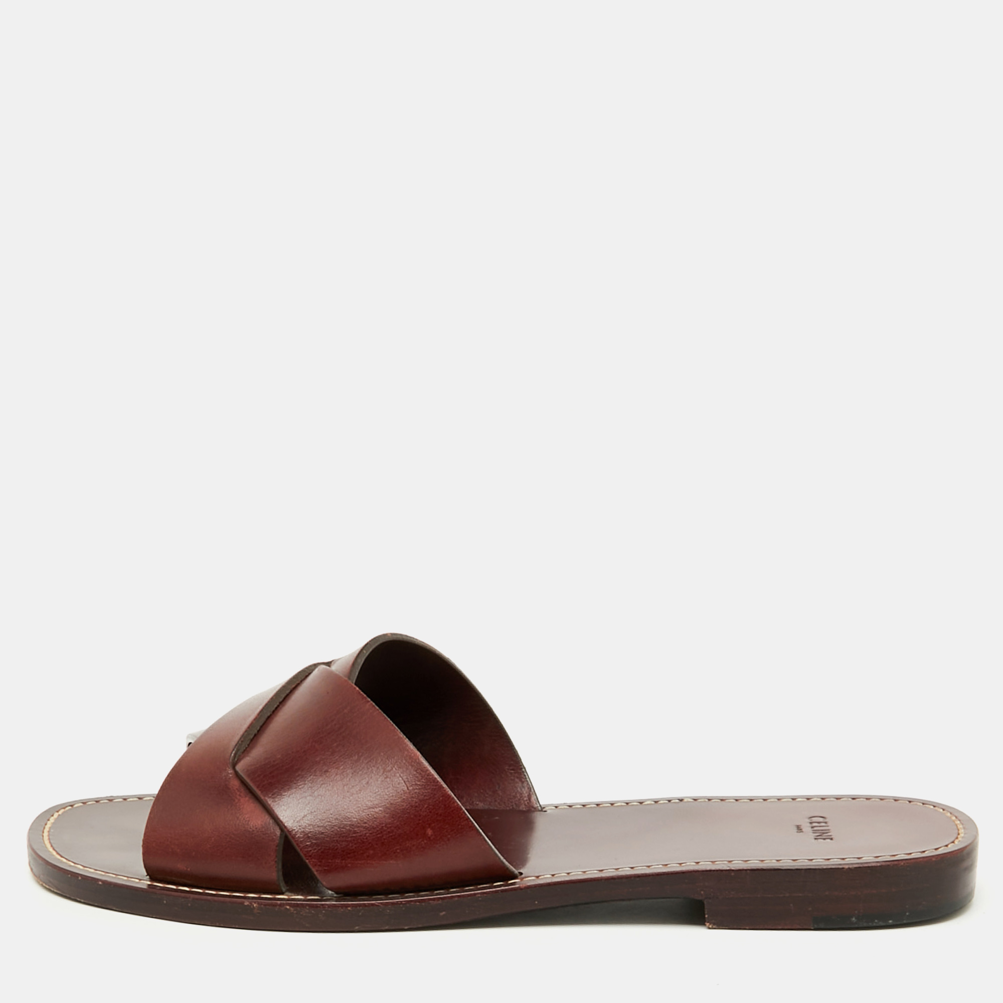 

Celine Burgundy Leather Flat Slide Sandals Size