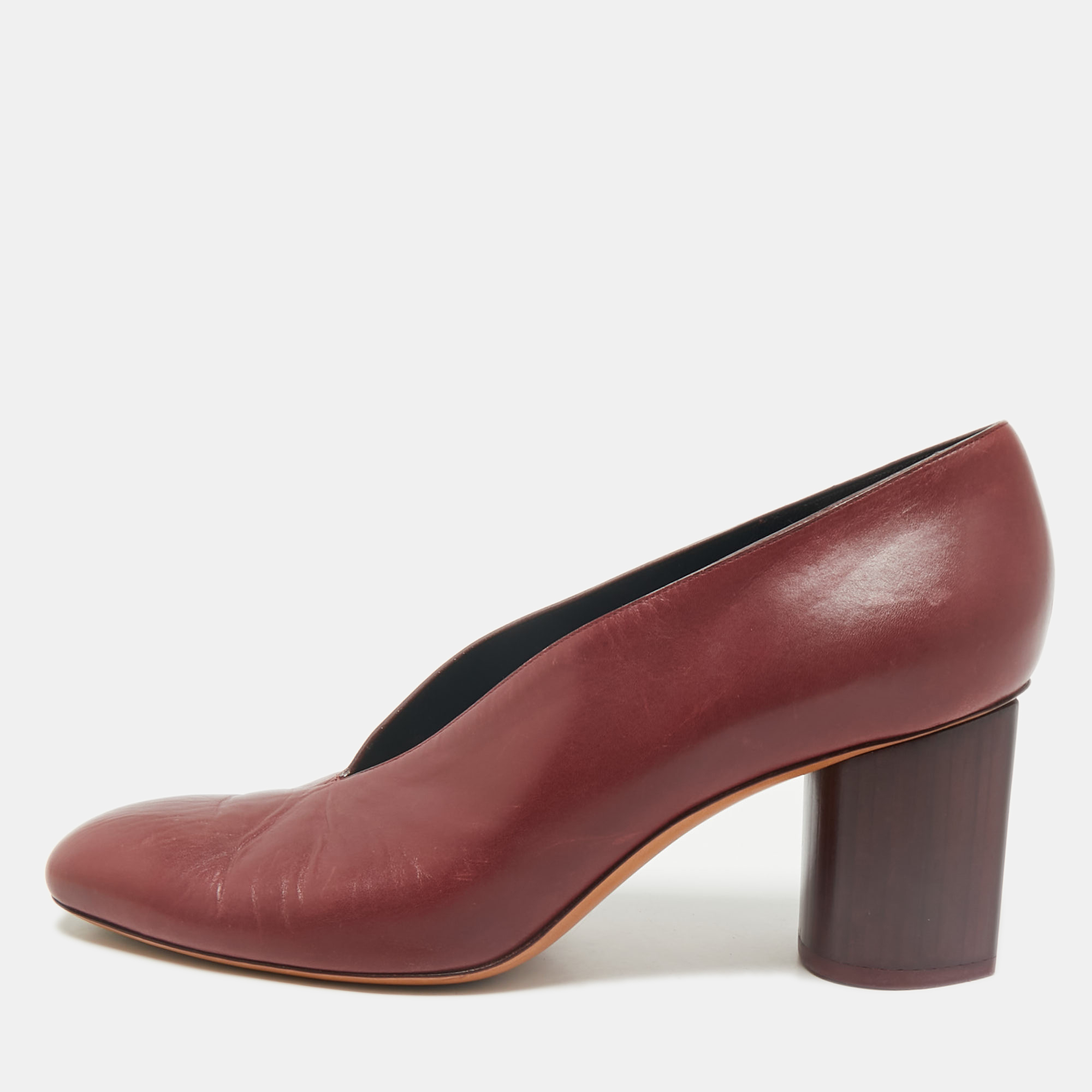 

Celine Burgundy Leather V Neck Round Toe Block Heel Pumps Size
