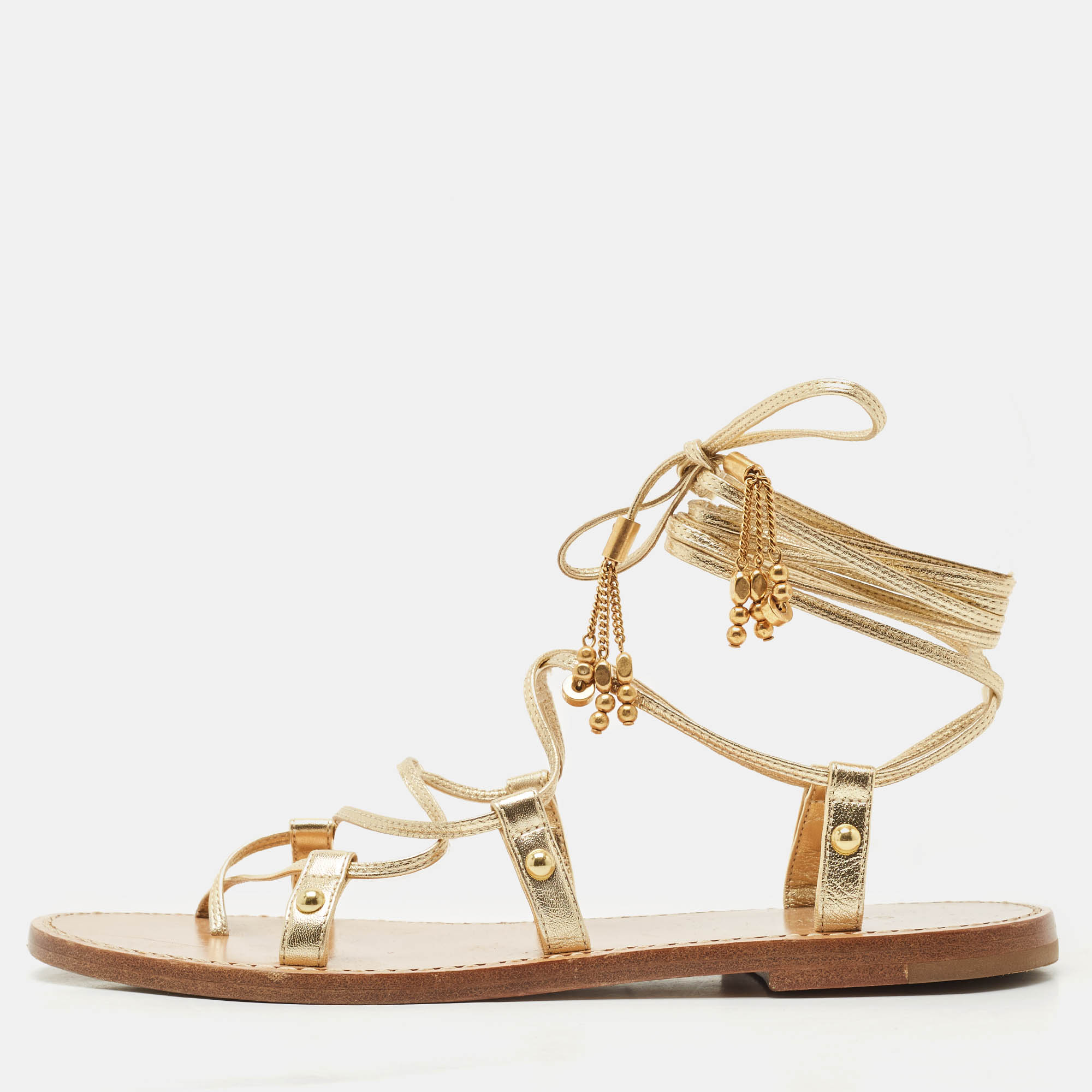 

Celine Gold Leather Studded Ankle Wrap Flat Sandals Size