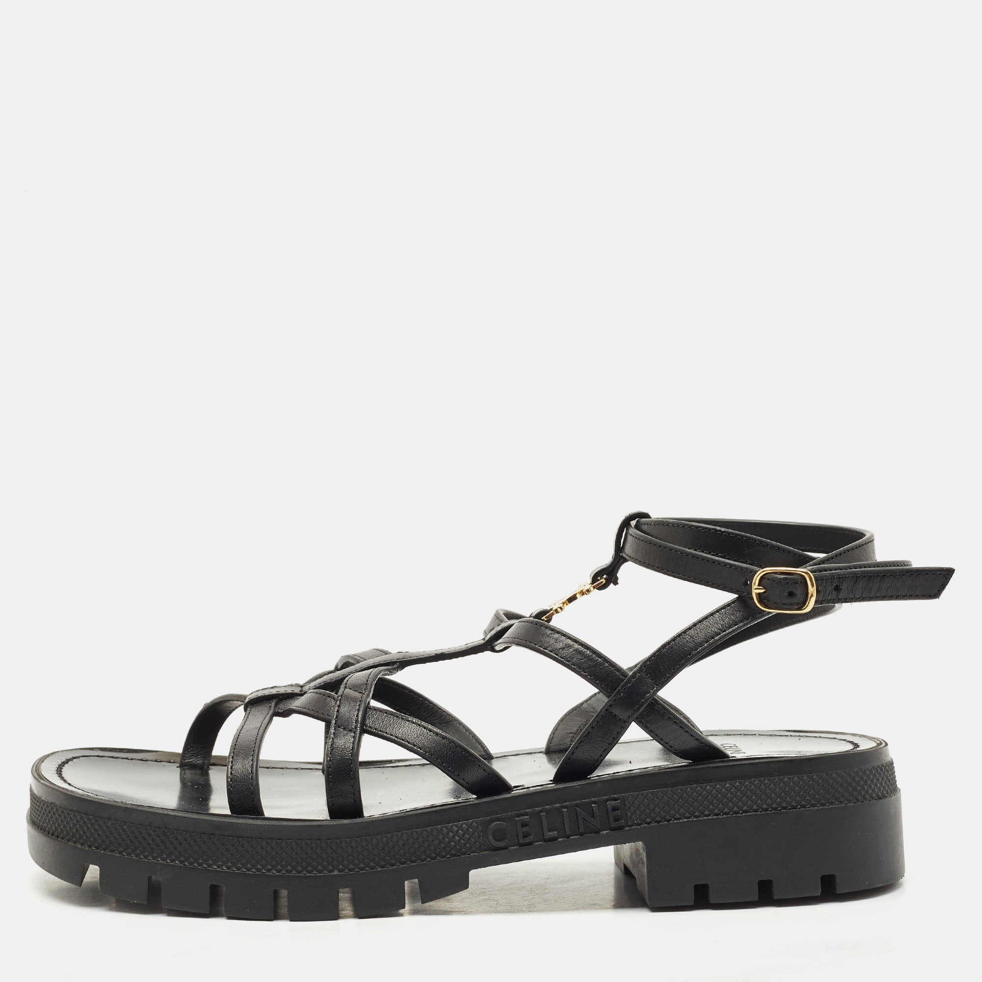 

Celine Black Leather Clea Triomphe Strappy Sandals Size