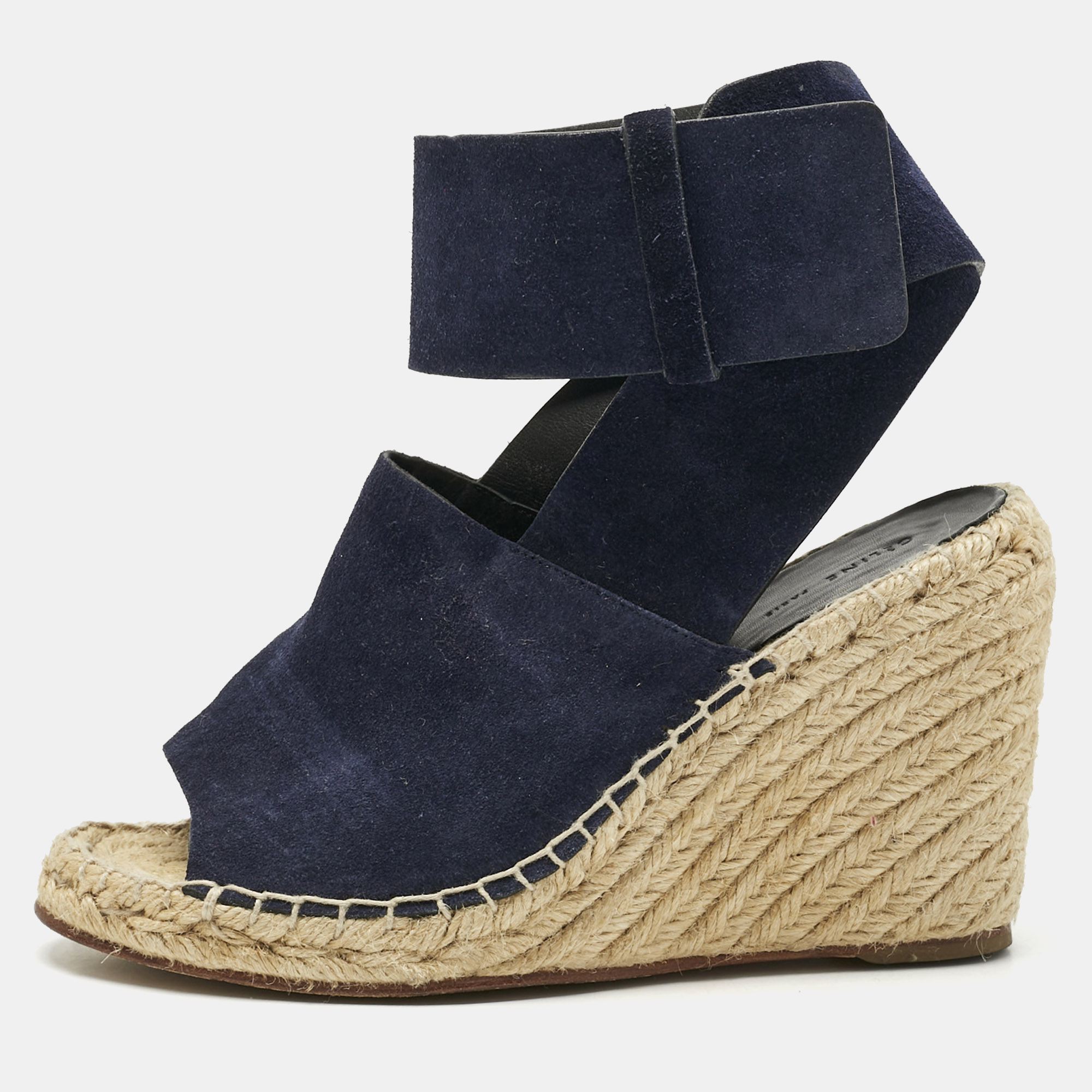 Pre-owned Celine Navy Blue Suede Wedge Ankle Wrap Espadrille Sandals Size 37