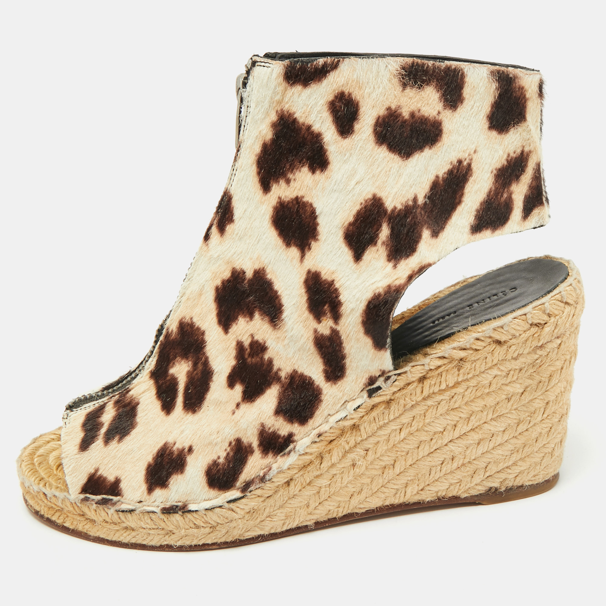 

Celine Brown/Cream Calf Hair Wedge Espadrille Sandals Size
