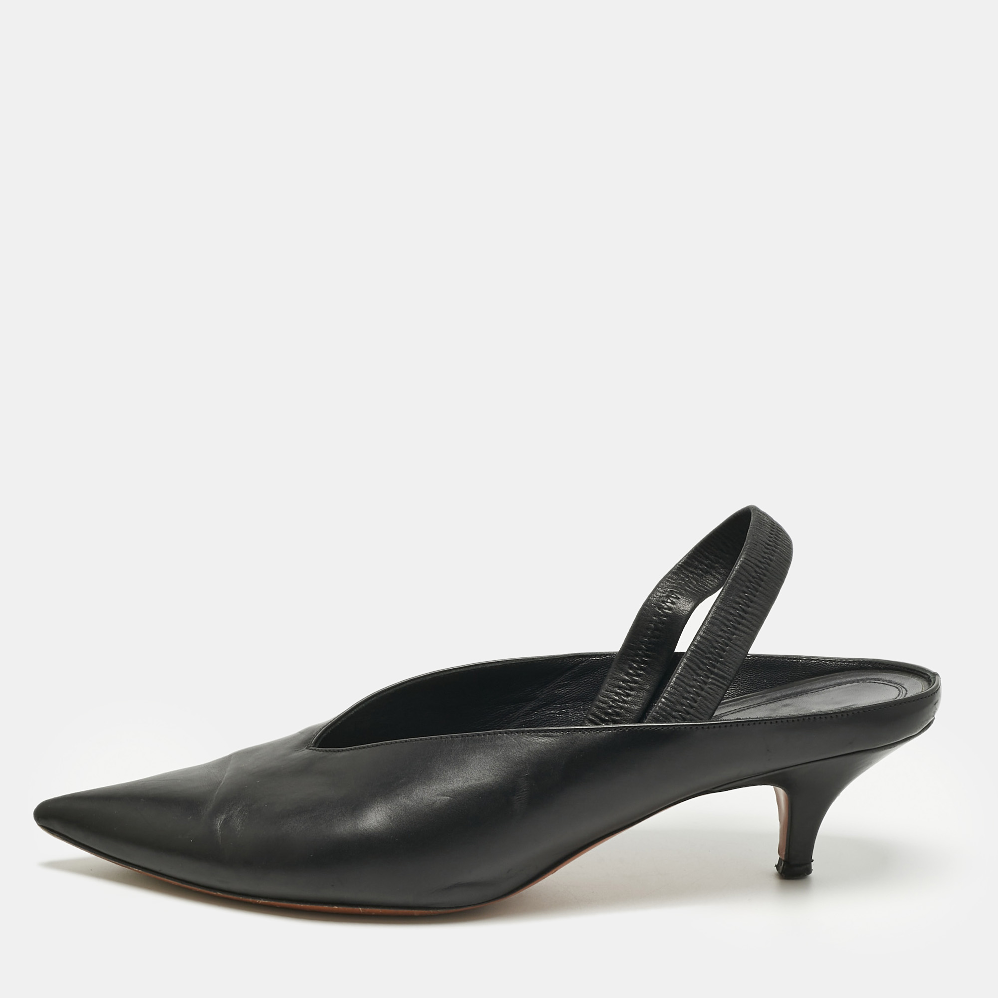 

Feline Black Leather V Neck Slingback Pumps Size