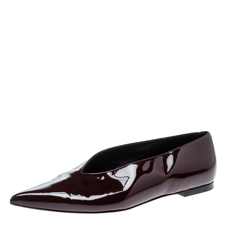 Pre Owned Celine Burgundy Patent Leather V Neck Pointed Toe Flats Size 37
