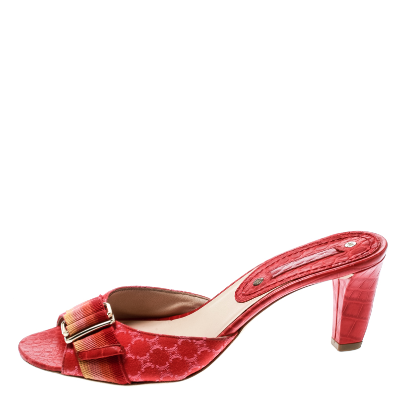 Pre-owned Celine Red Croc Embossed Leather And Fabric Slide Sandals Size 36