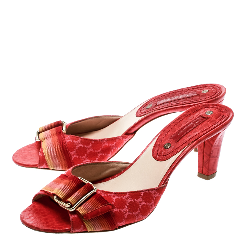 Pre-owned Celine Red Croc Embossed Leather And Fabric Slide Sandals Size 36