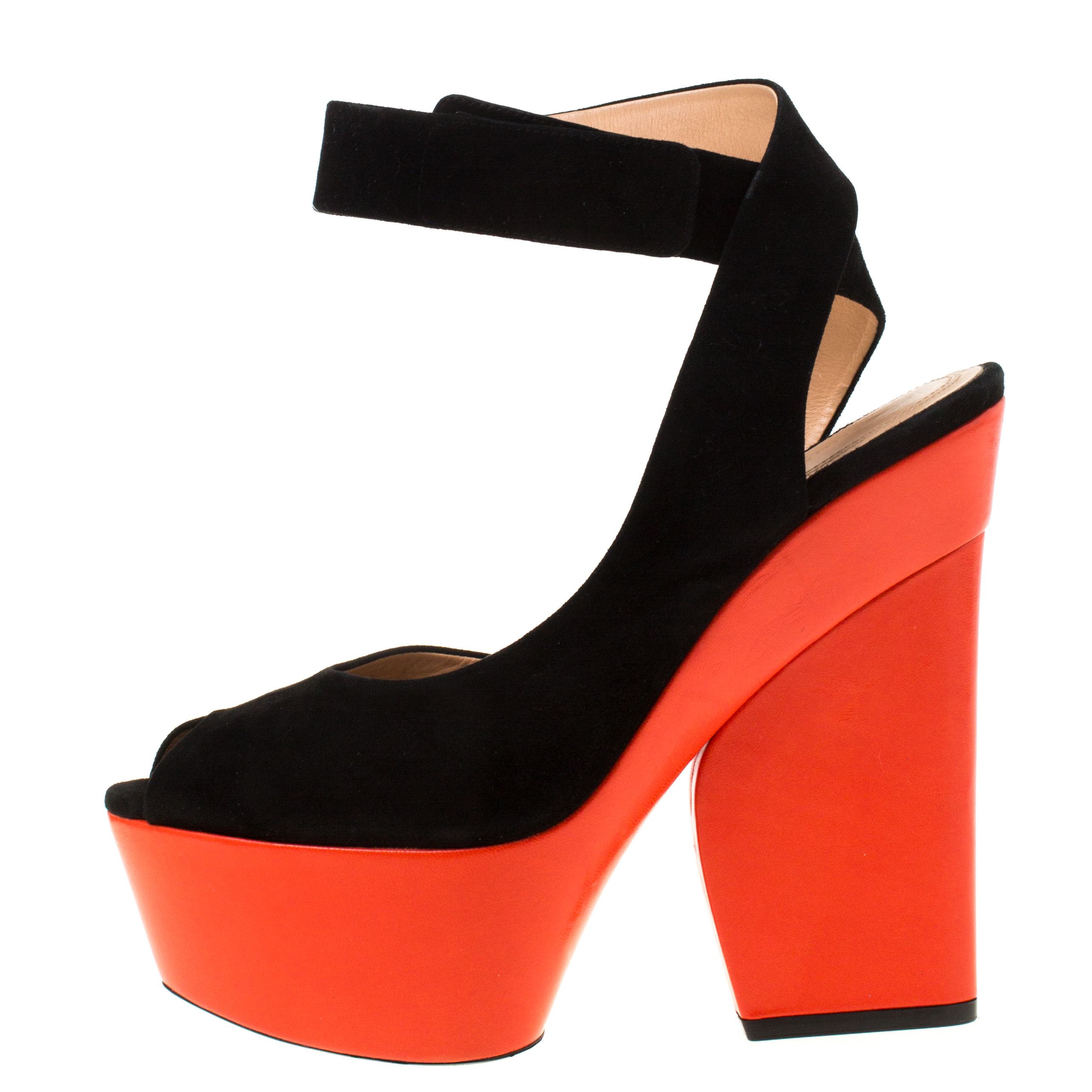 

Celine Black/Orange Suede Peep Toe Velcro Strap Platform Sandals Size