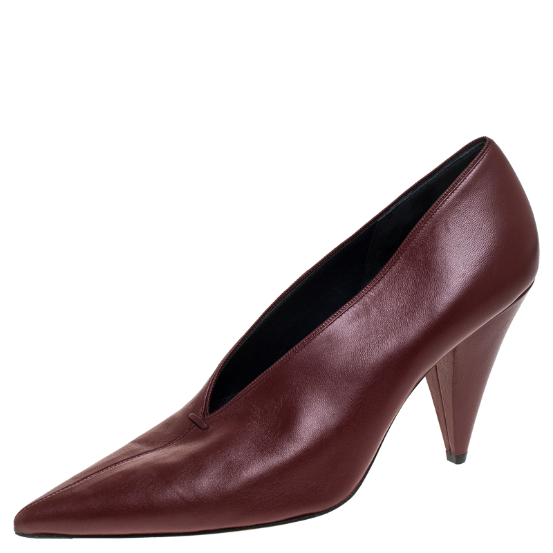 Celine Burgundy Leather V Neck Nappa Pumps Size 39.5