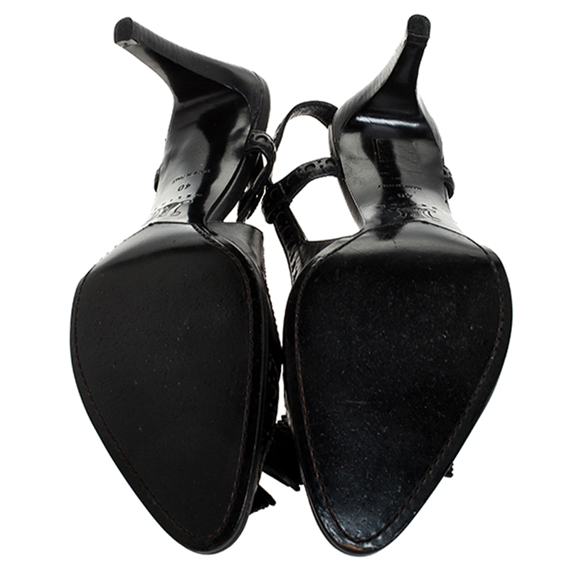 Pre-owned Celine Black Brogue Leather Tassel Slingback Sandals Size 40