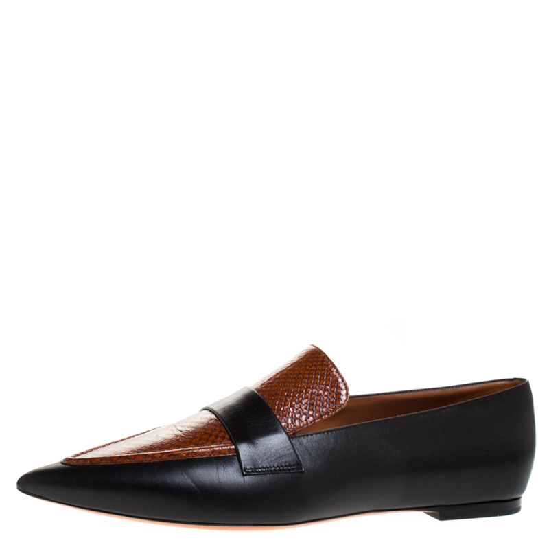 Celine Black/Brown Leather And Python Embossed Leather Pointed Toe Loafers Size 39