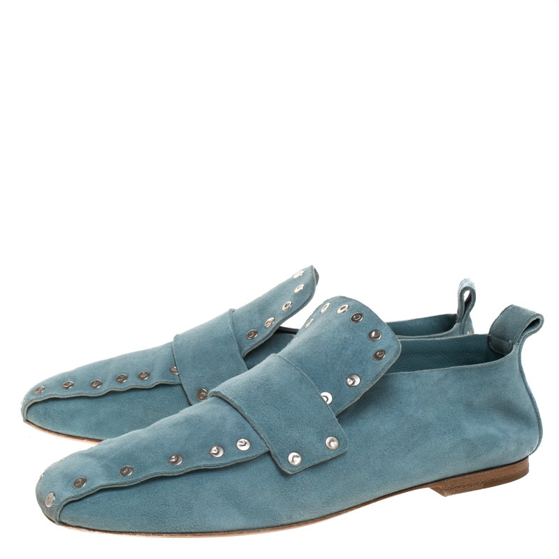 Pre-owned Celine Blue Suede Studded Slip On Loafers Size 39
