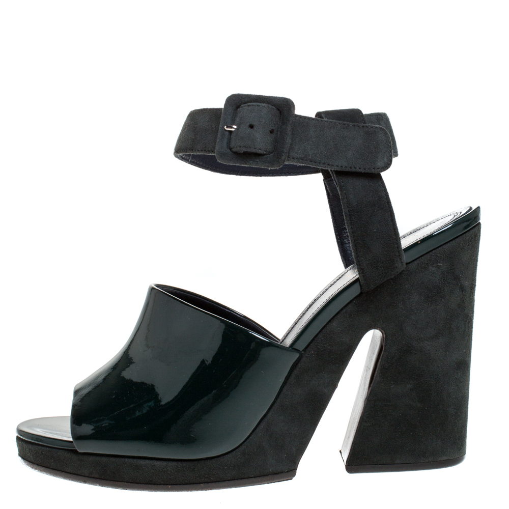 

Celine Green Patent Leather And Suede Ankle Strap Open Toe Platform Sandals Size