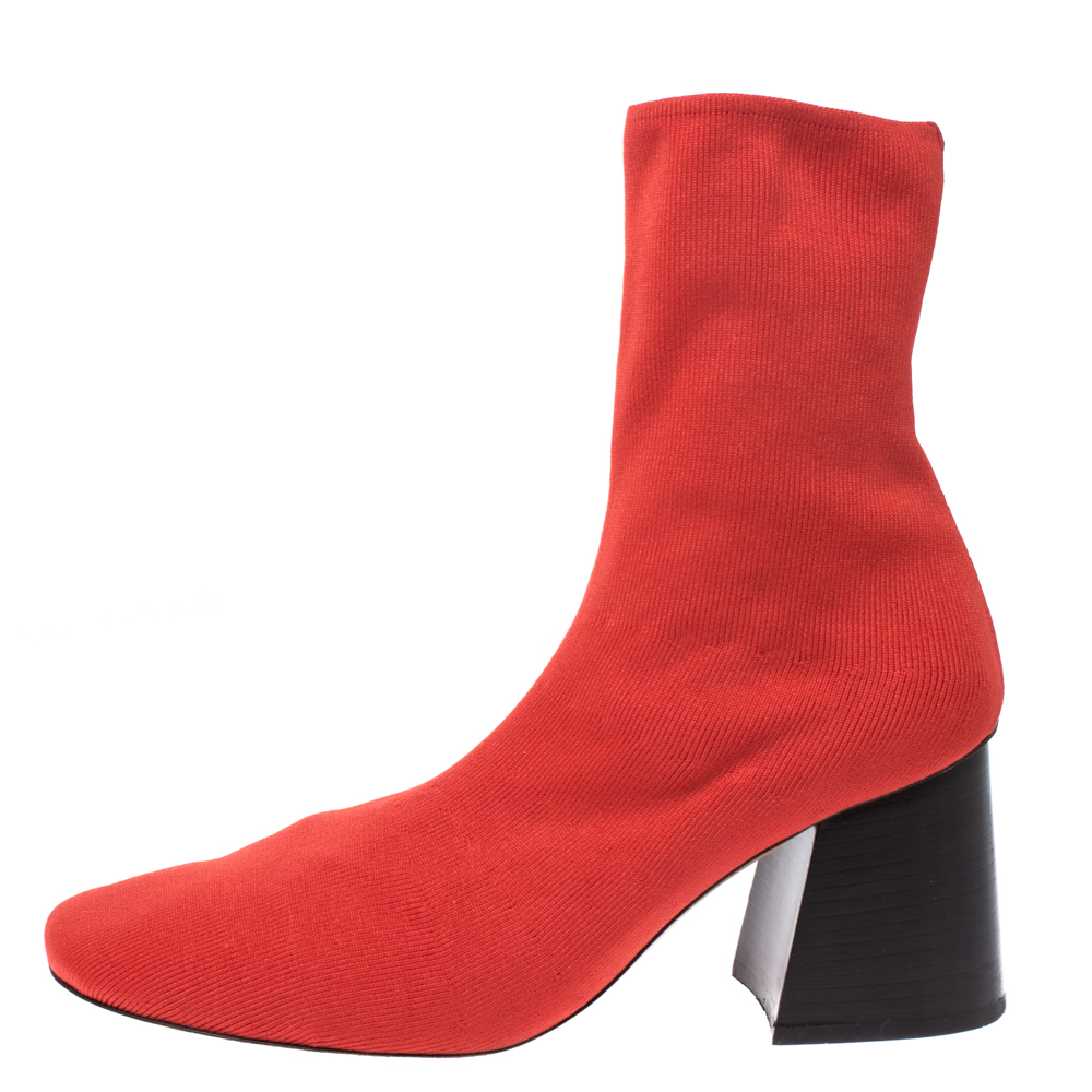 

Celine Orange Stretch Knit Fabric Sock Block Heel Ankle Boots Size