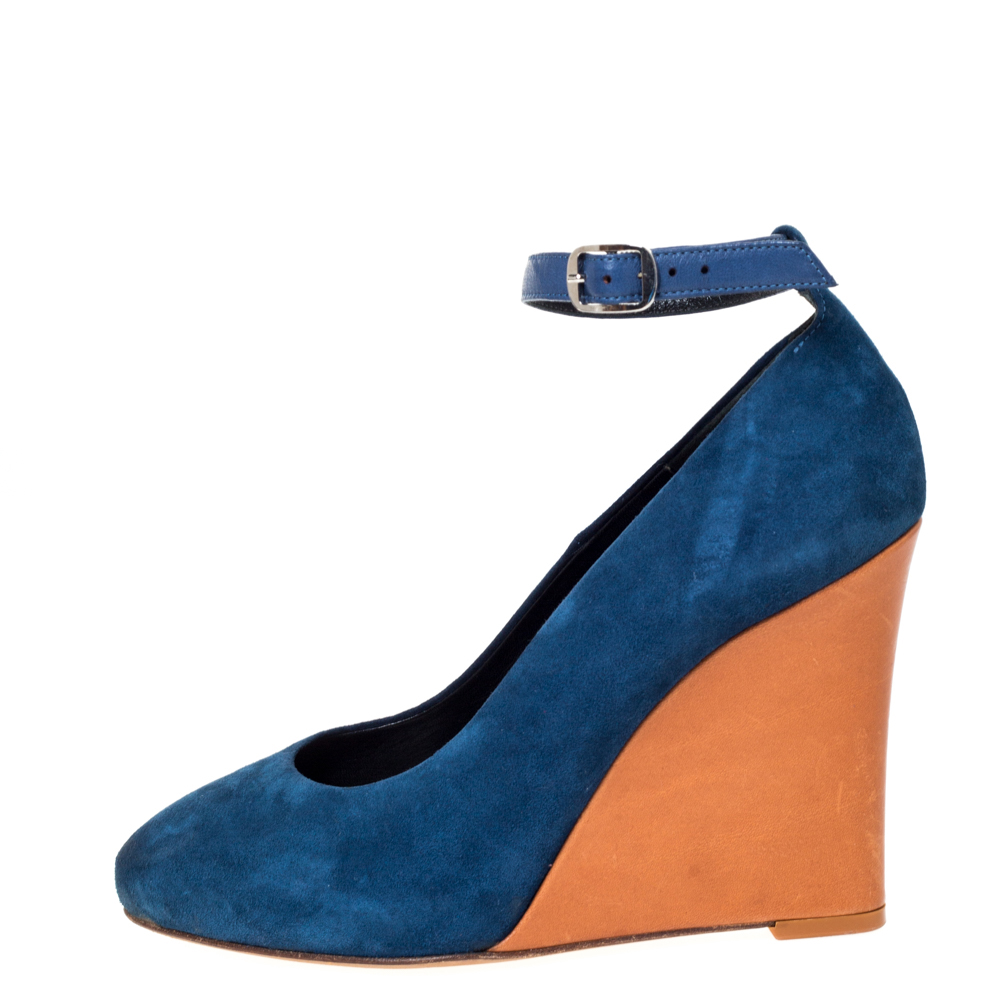 

Cèline Blue Suede Color Block Wedge Ankle Strap Pumps Size