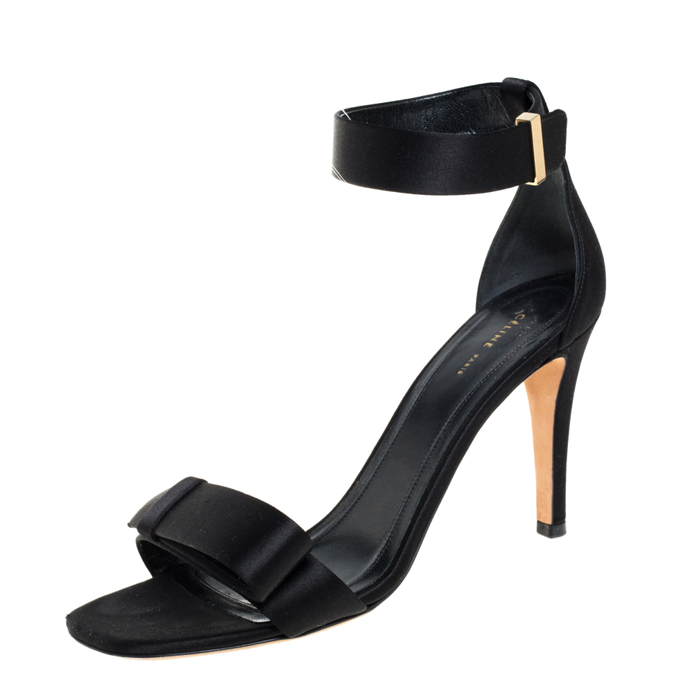 Pre-owned Celine Black Satin Bow Embellished Ankle Strap Sandals Size ...