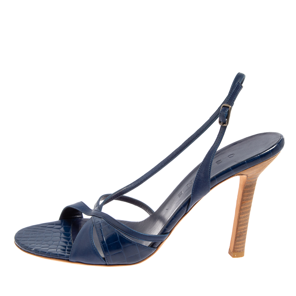 

Celine Blue Leather And Croc Embossed Leather Slingback Sandals Size