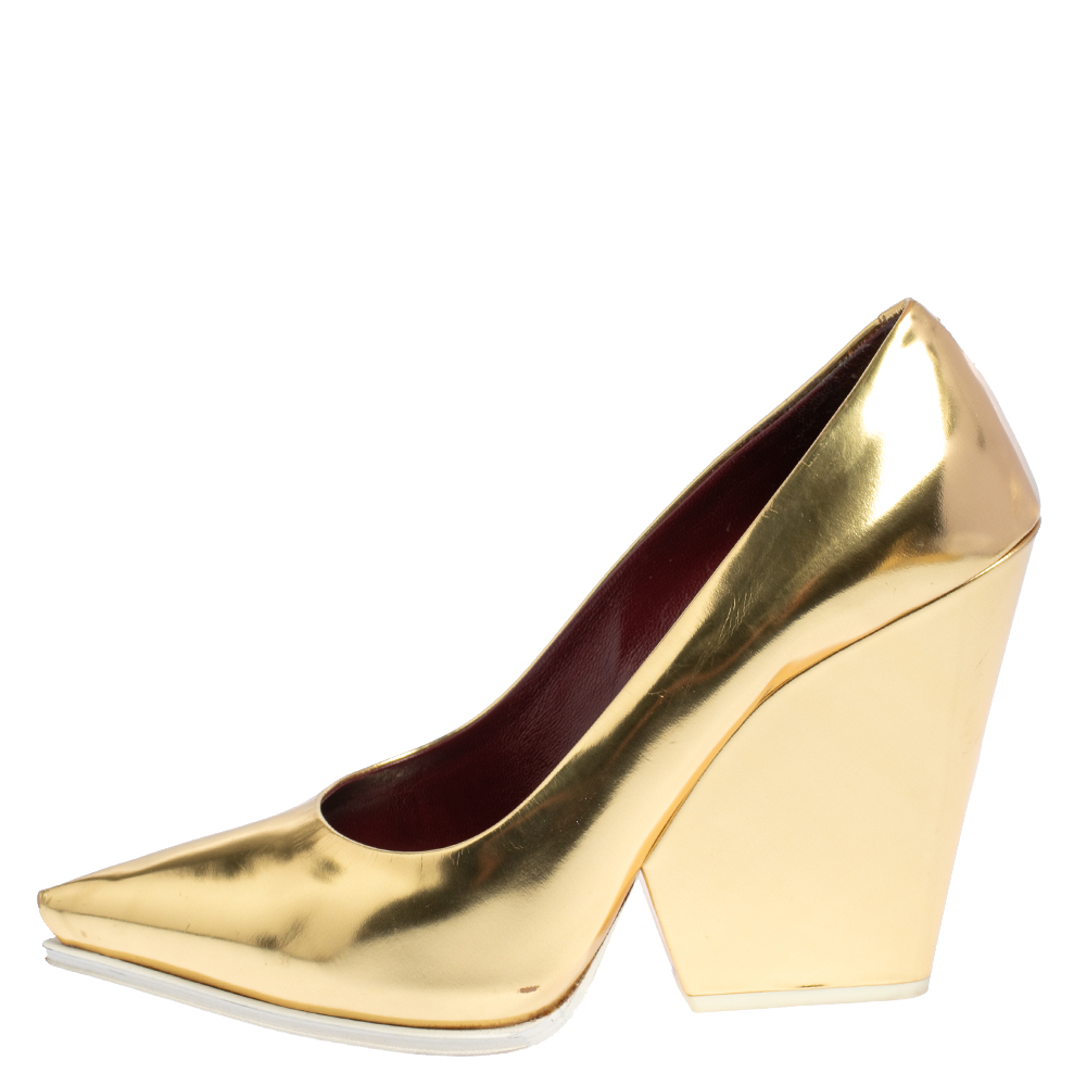 

Celine Gold/White Patent Leather Pointed Toe Wedge Pumps Size
