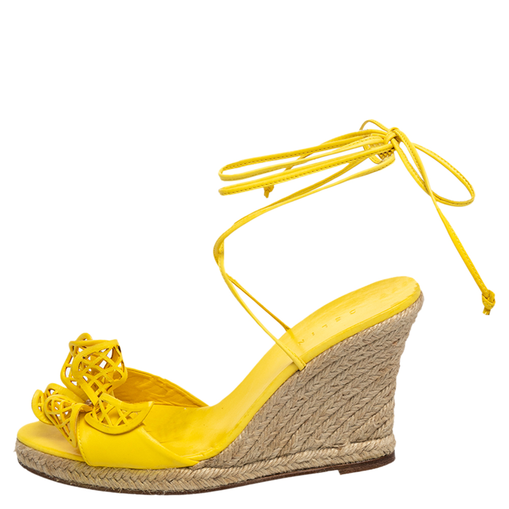 

Celine Yellow Leather Cutout Flower Ankle Tie Wedge Espadrille Sandals Size