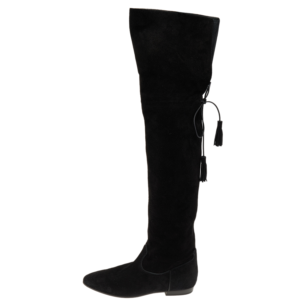

Celine Black Suede Fringe Thigh High Boots Size