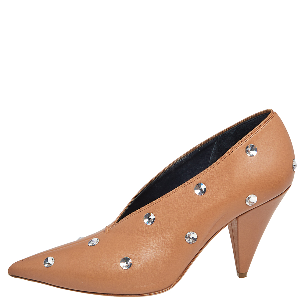 

Celine Brown Leather Crystal Embellished V Neck Pumps Size