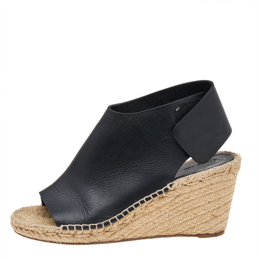 

Celine Black Leather Open Toe Espadrilles Platform Wedge Sandals Size