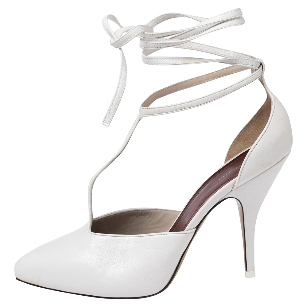 

Celine White Leather Night Out T-Strap Ankle Wrap Pumps Size