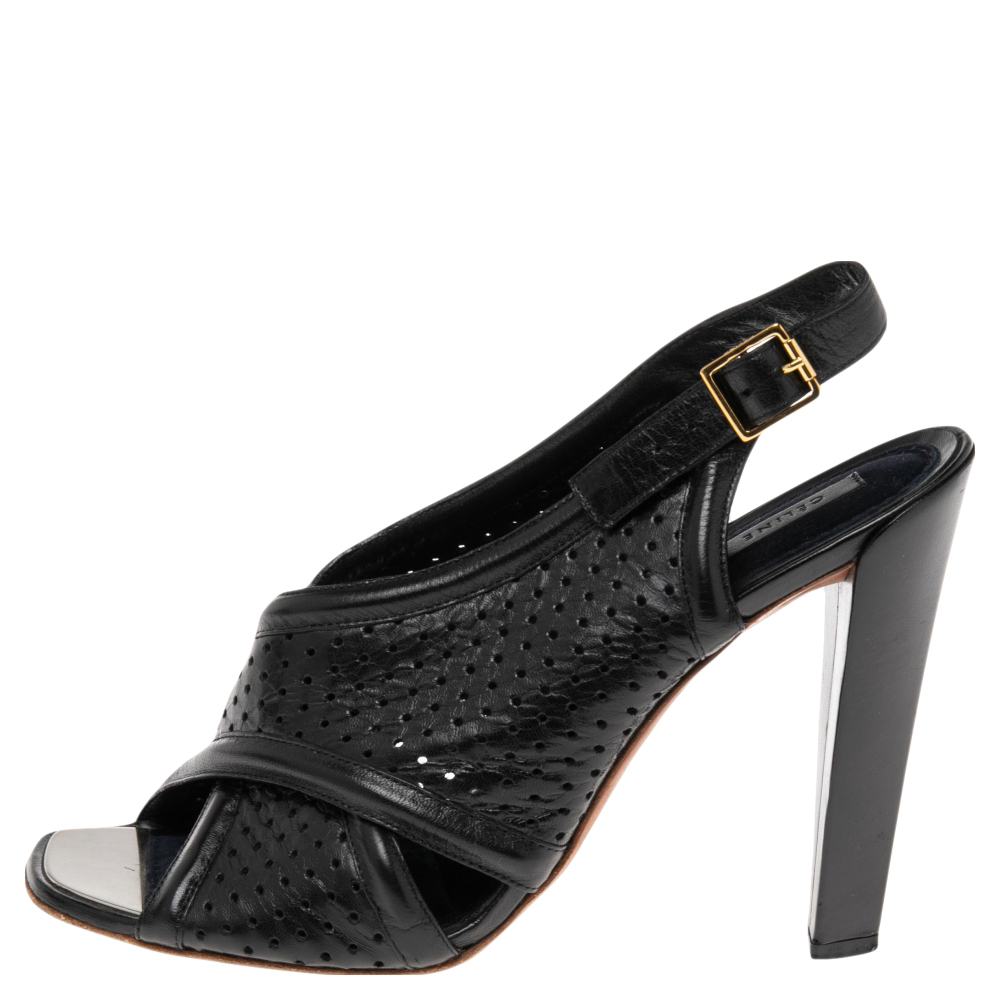 

Celine Black Leather Laser Cut Open Toe Slingback Sandals Size