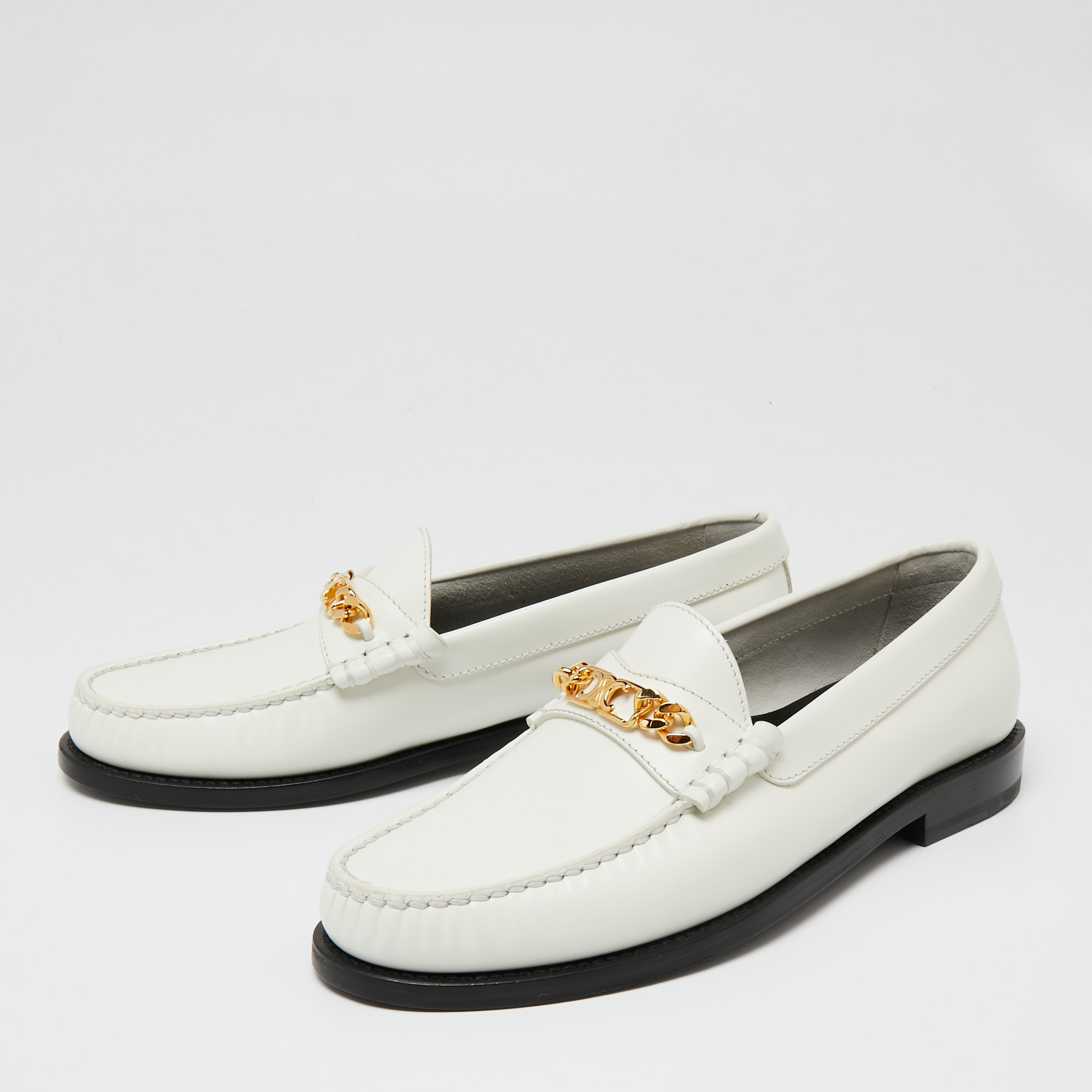 

Celine White Leather Chain Embellished Slip On Loafers Size