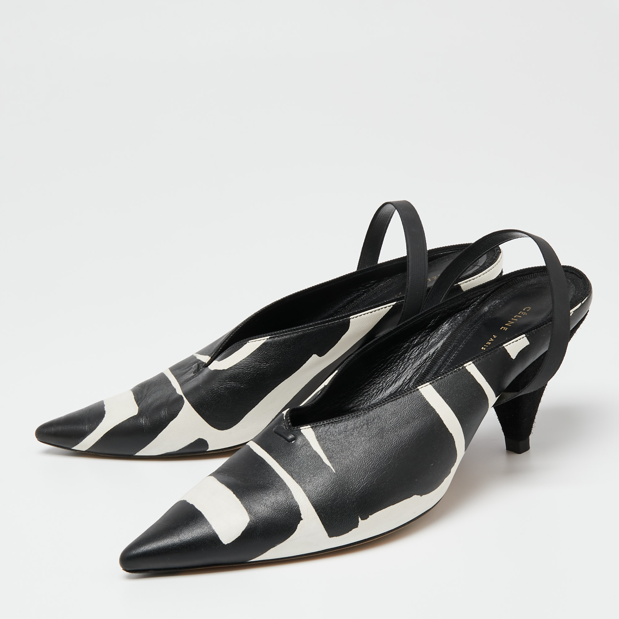 

Celine Black/White Leather Slingback Sandals Size