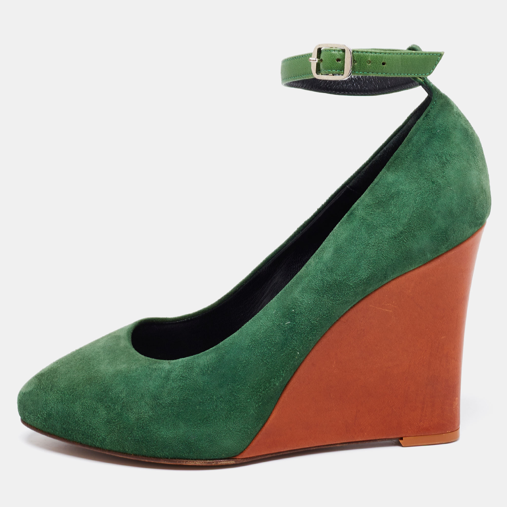 

Celine Green Suede Wedge Ankle Strap Pumps Size