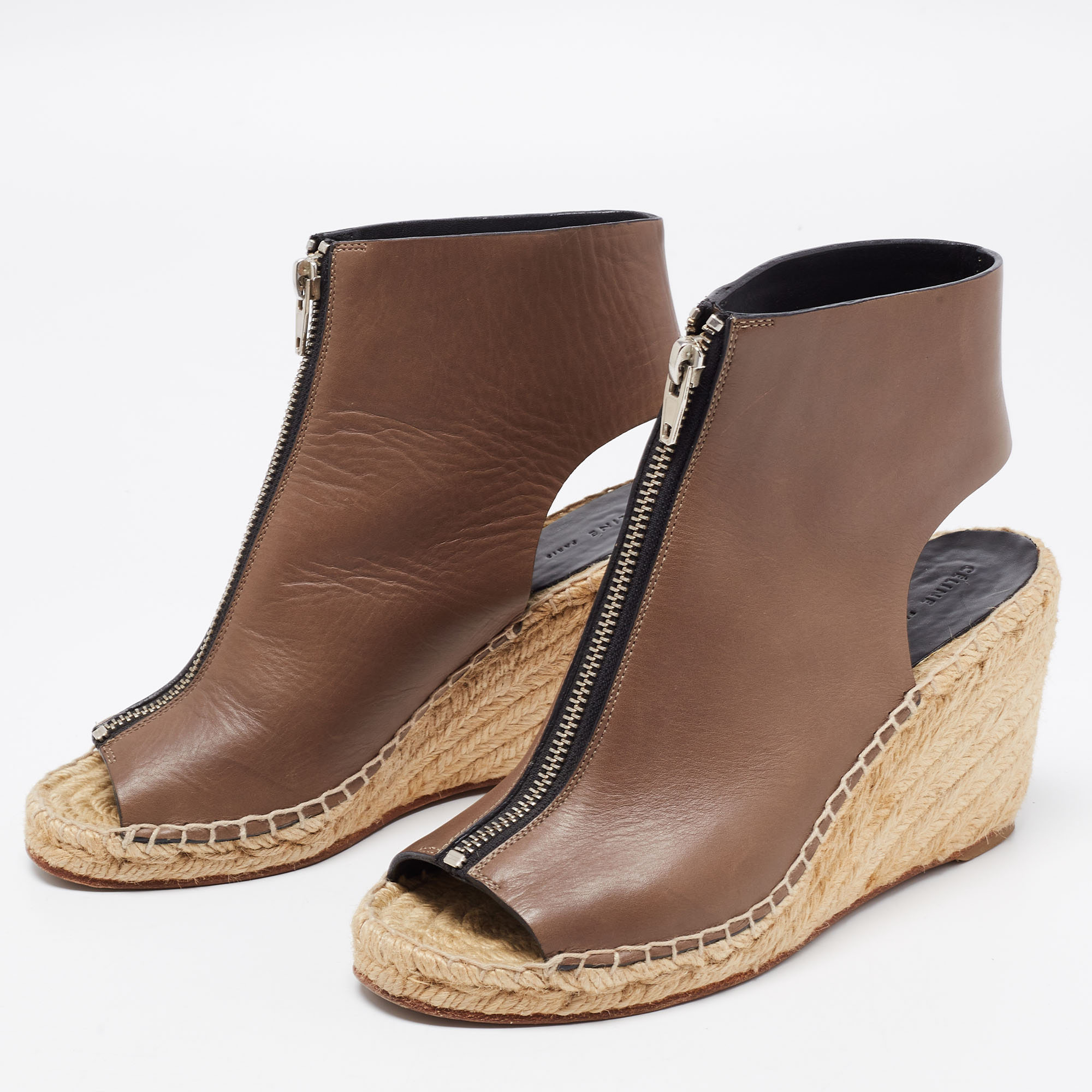 

Celine Brown Leather Open Toe Espadrilles Wedge Sandals Size