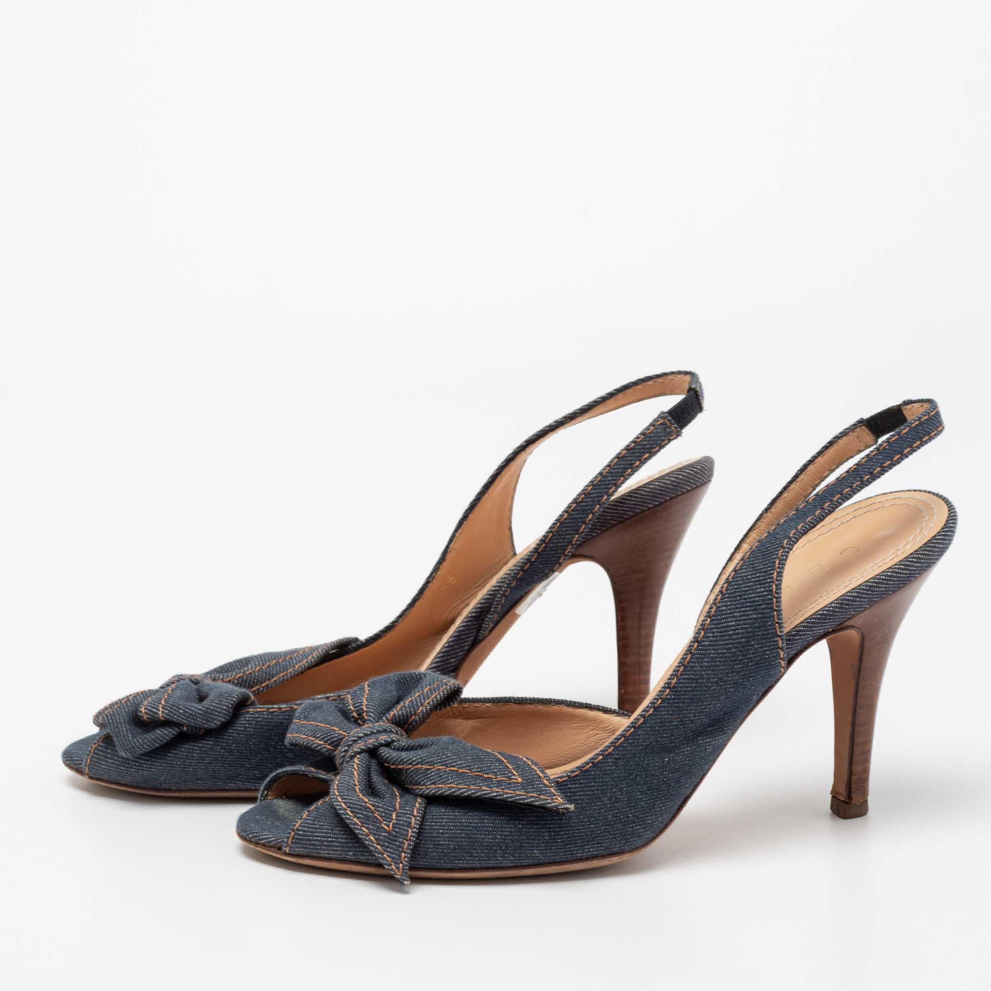 

Celine Blue Denim Bow D'orsay Peep-Toe Slingback Sandals Size