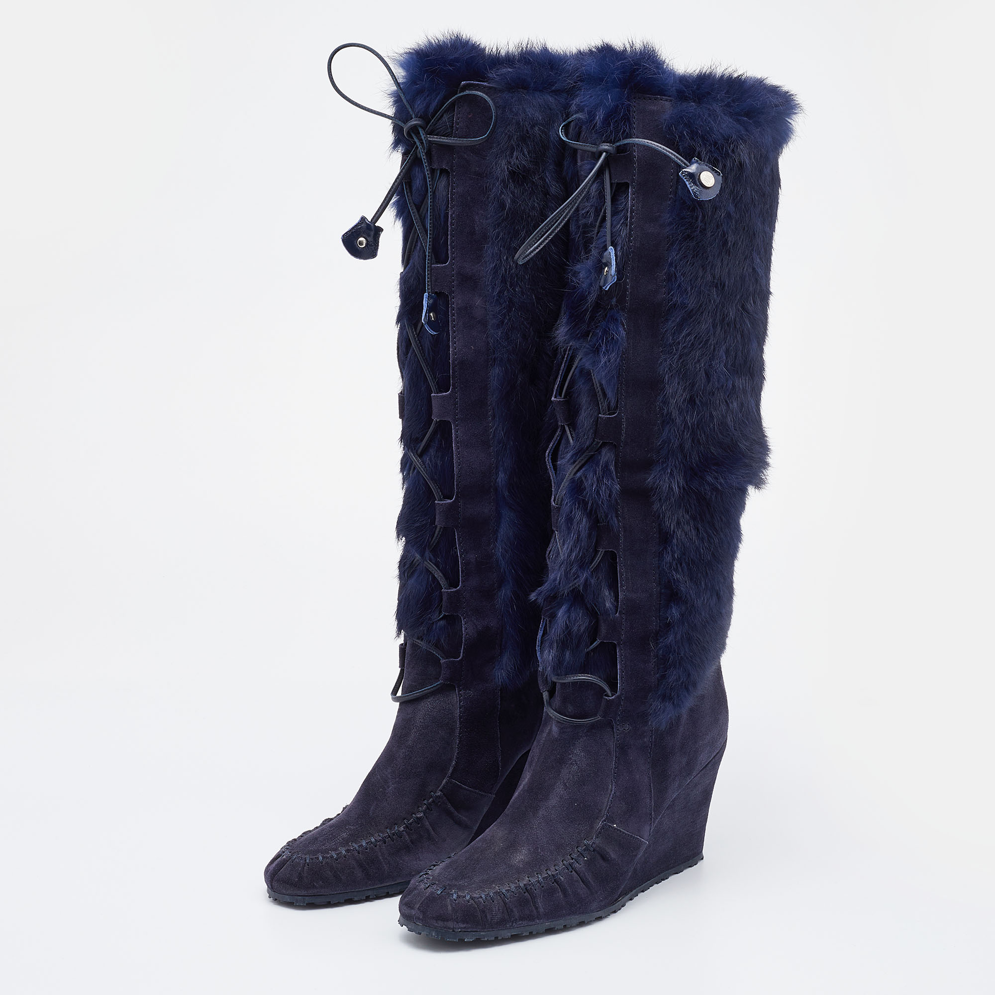 

Celine Blue Fur and Suede Knee Length Boots Size