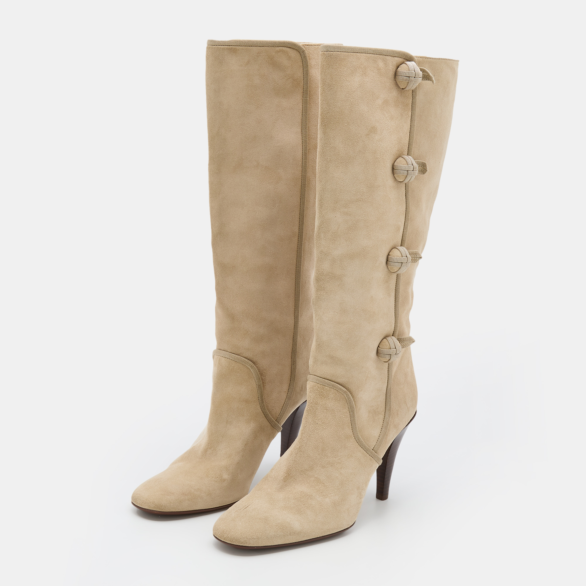 

Celine Beige Suede Side Button Detail Knee Length Boots Size