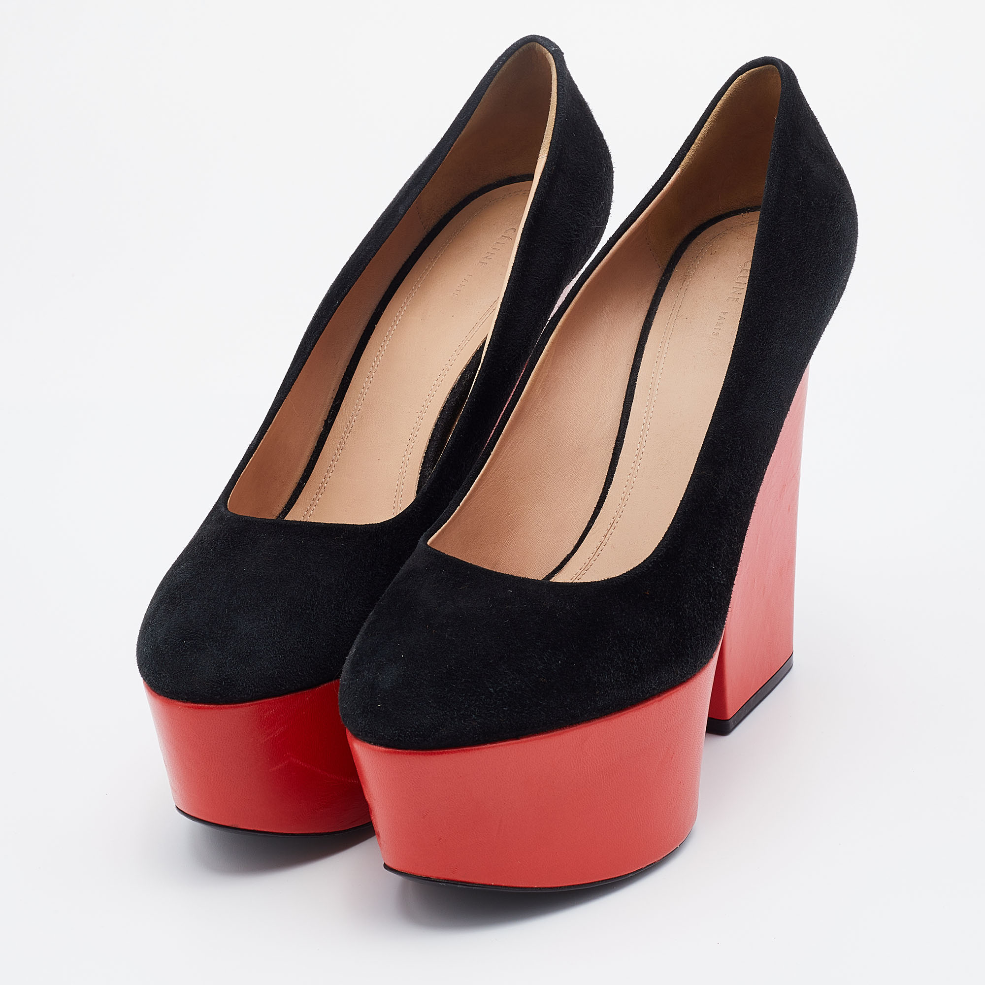 

Celine Black Suede Color Block Platform Pumps Size