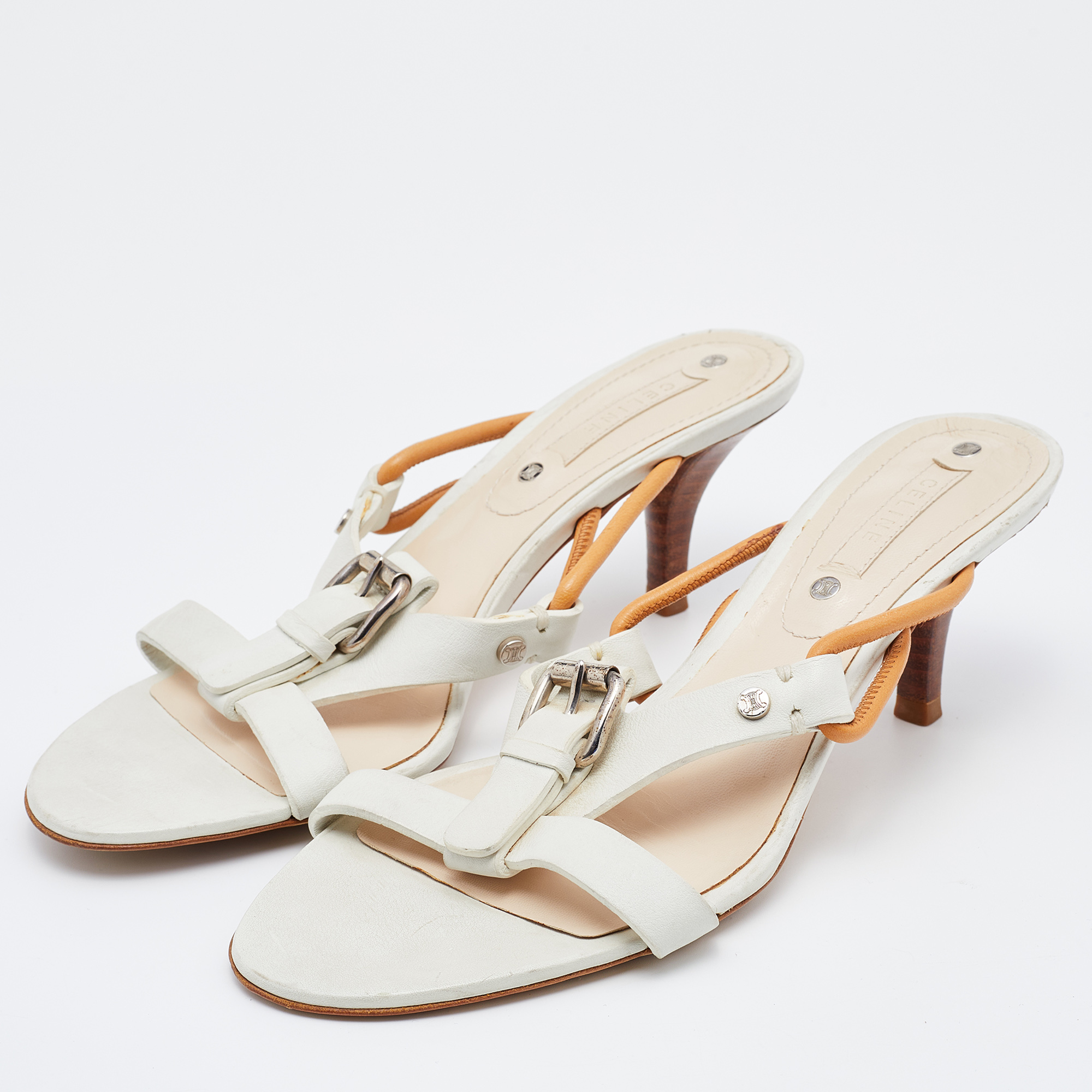 

Celine White Leather Buckle Detail Strappy Slide Sandals Size