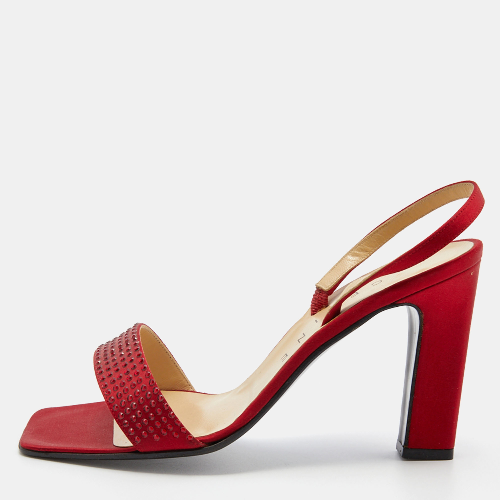 Pre-owned Celine Red Satin Crystal Embellished Slingback Sandals Size 37