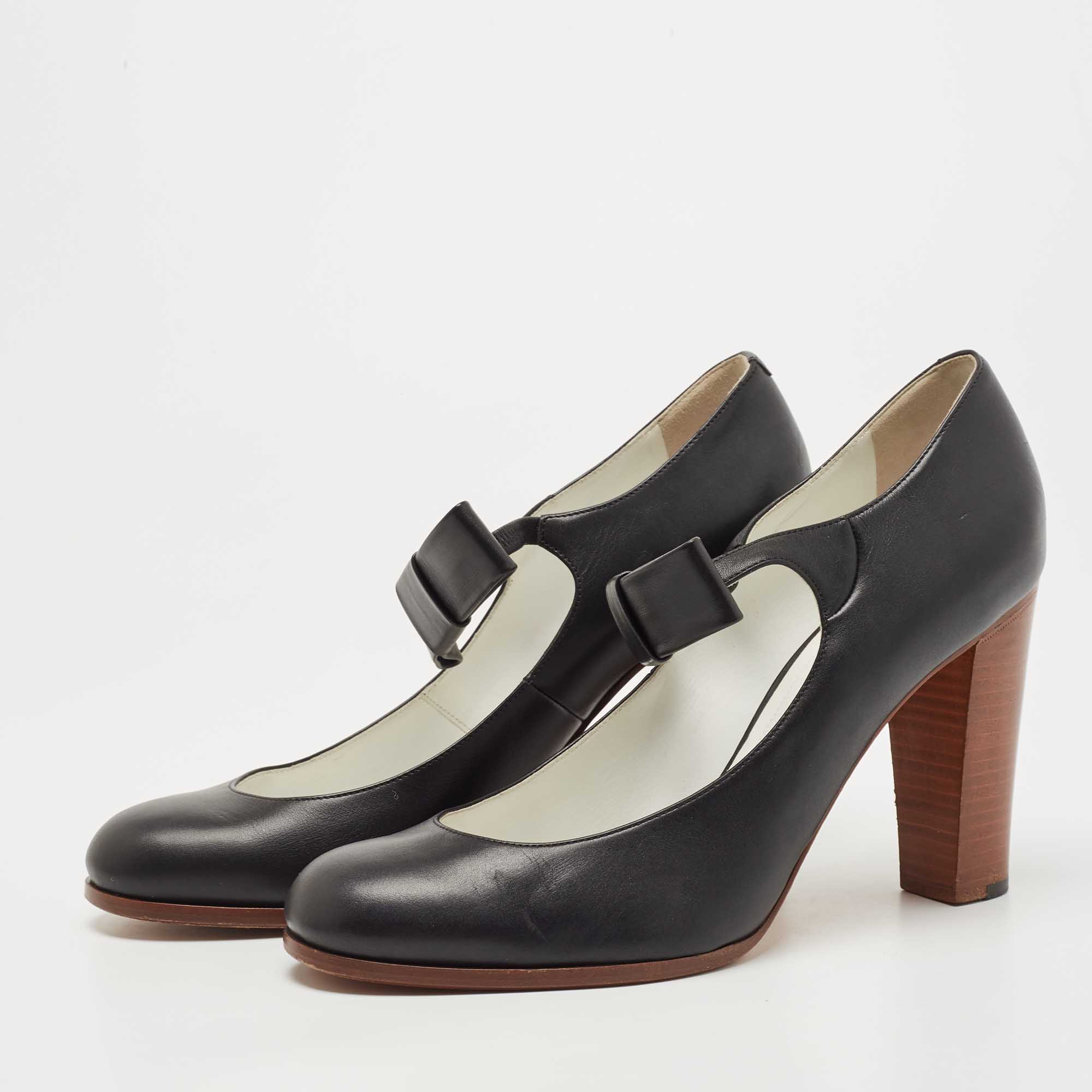 

Celine Black Leather Bow Detail Mary Jane Block Heel Pumps Size