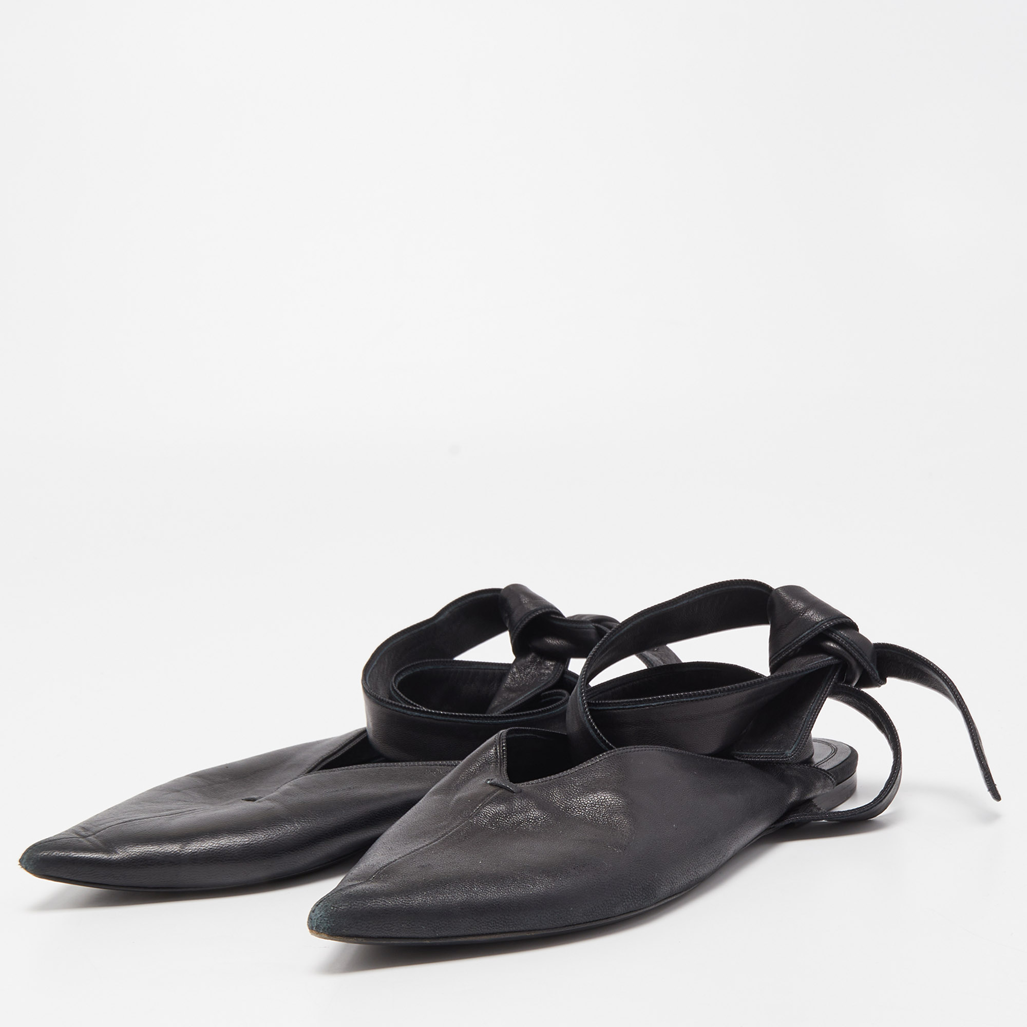 

Celine Black Leather V Neck Ankle Tie Flat Size