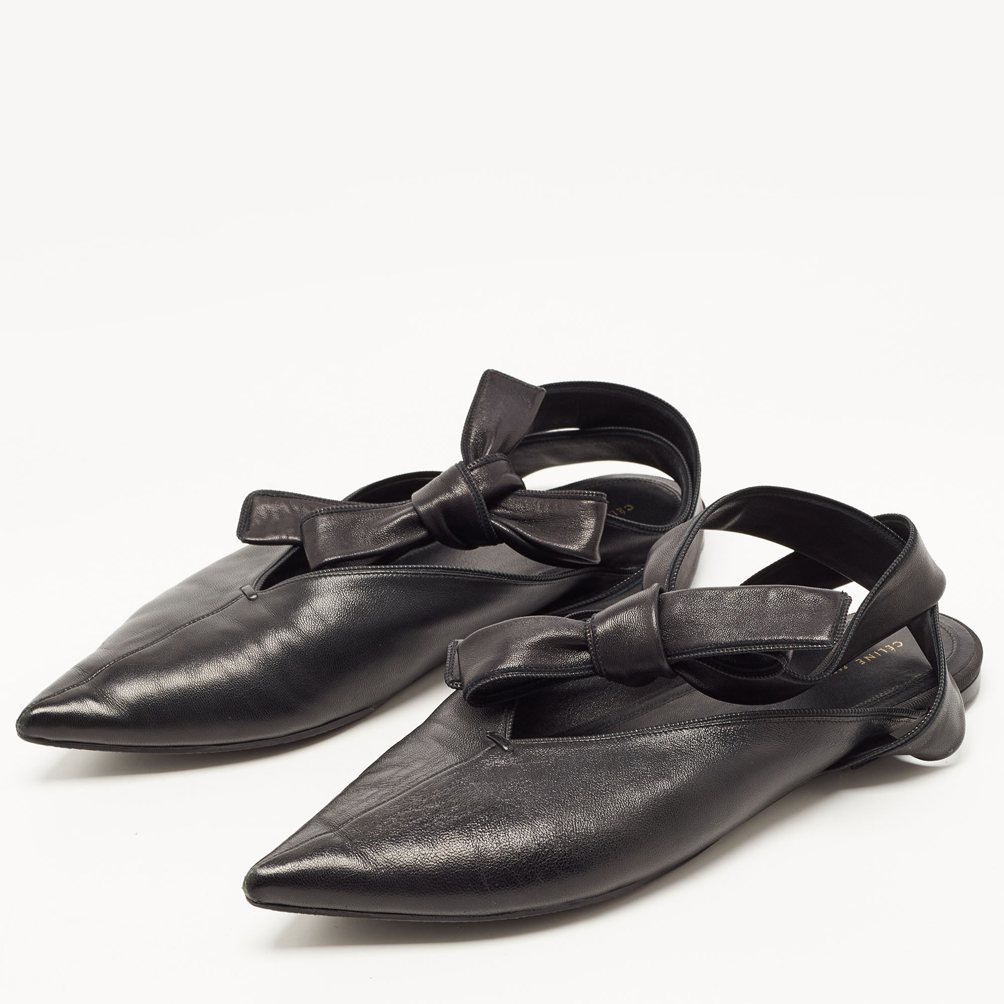 

Celine Black Leather V Neck Ankle Tie Flats Size