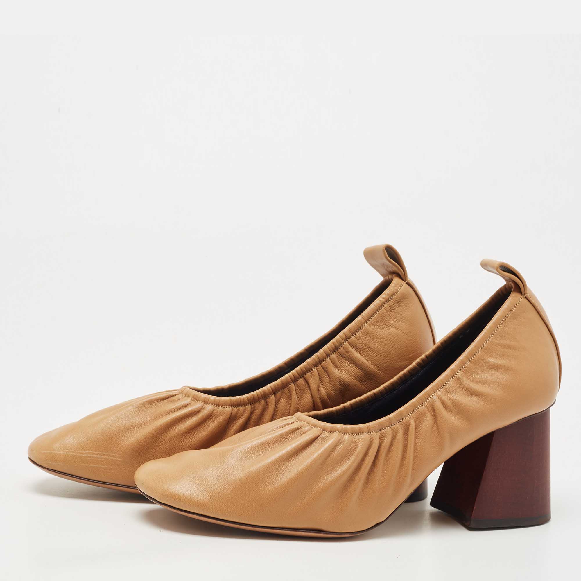 

Celine Brown Leather Scrunch Block Heel Pumps Size