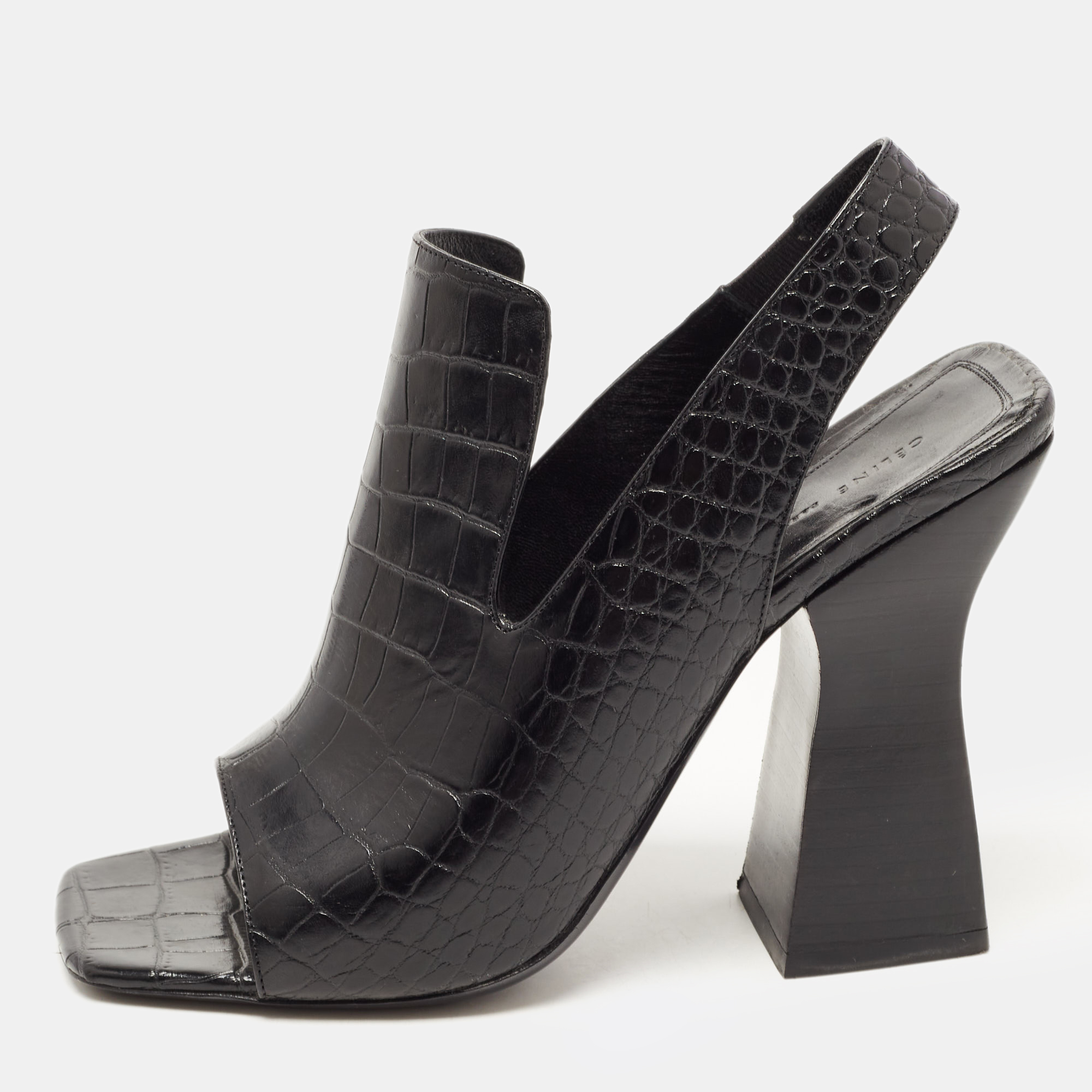 Pre-owned Celine Black Croc Embossed Leather Slingback Open Toe Sandals Size 38