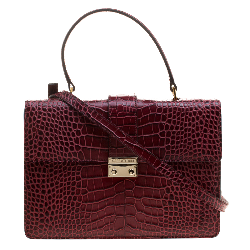 Pre Owned Cerruti 1881 Burgundy Croc Embossed Leather Cerrutis Top Handle Bag