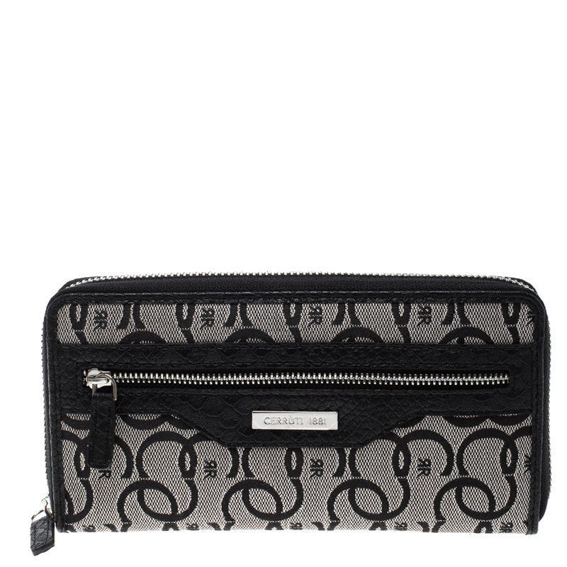 Cerruti 1881 Black Canvas and Croc Embossed Leather Trim Anna Zip Around Wallet