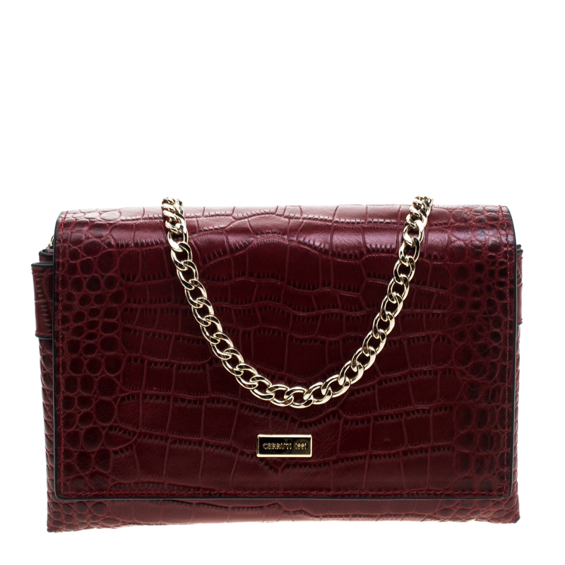 Pre Owned Cerruti 1881 Red Crocodile Embossed Leather Chain Shoulder Bag