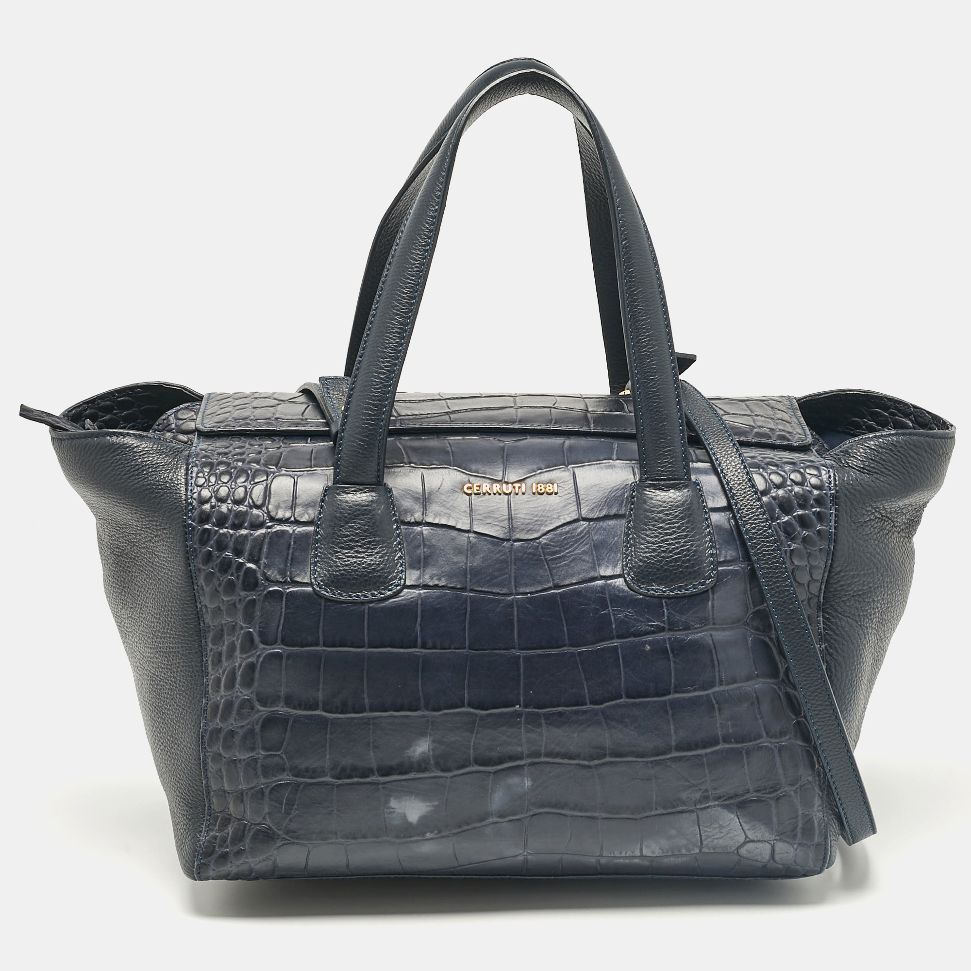 

Cerruti 1881 Navy Blue Croc Embossed Faux Leather Shopper Tote