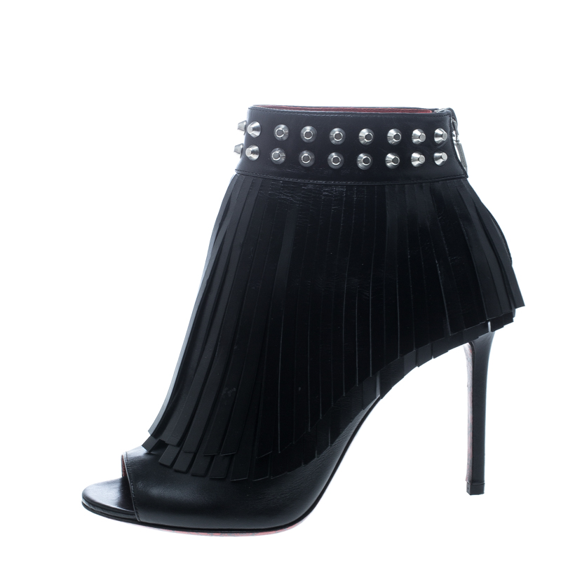 

Cesaire Paciotti Black Leather Studded Fringe Peep Toe Booties Size