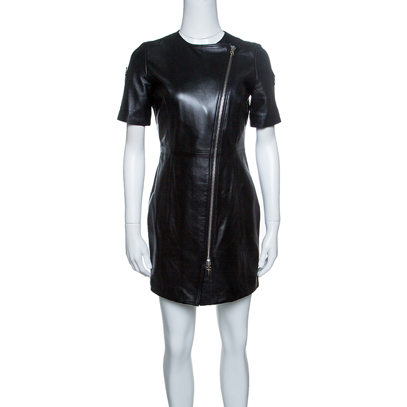 Pre Owned Cesare Paciotti Black Dagger Zip Detail Short Sleeve Leather Dress S
