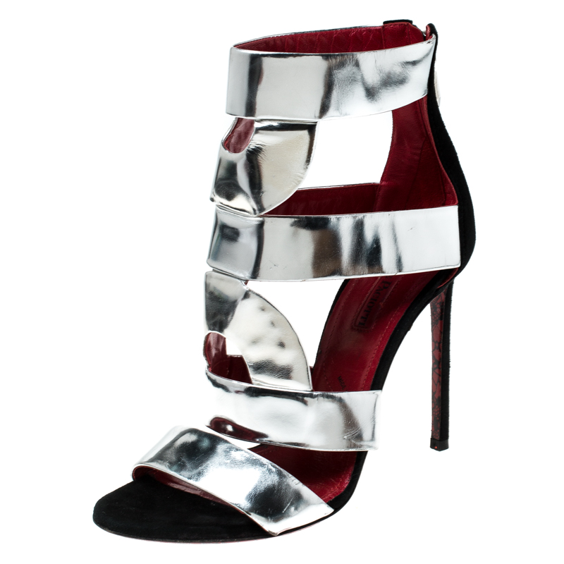 Pre Owned Cesare Paciotti Metallic Silver Leather Wave Cut Out Sandals Size 37